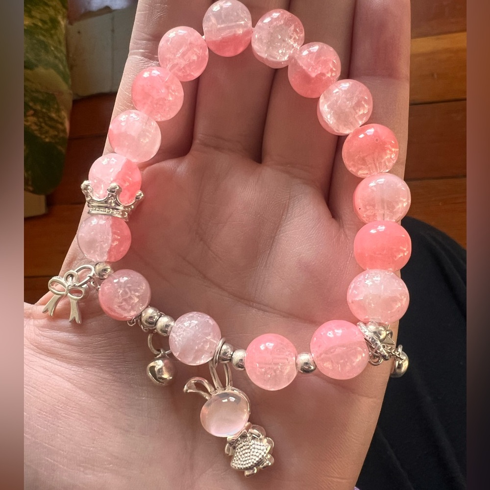 Pink With Rabbit Beaded Charm Bracelet